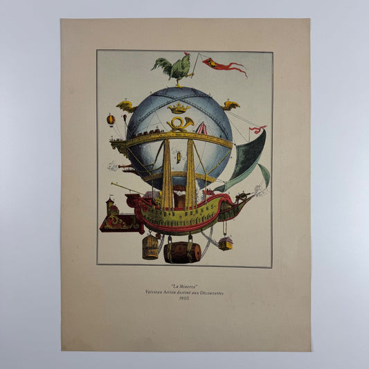 Coloured print of La Minerve Vaisseau Aérien destiné aux Découvertes 1803, Aerial Press 1956