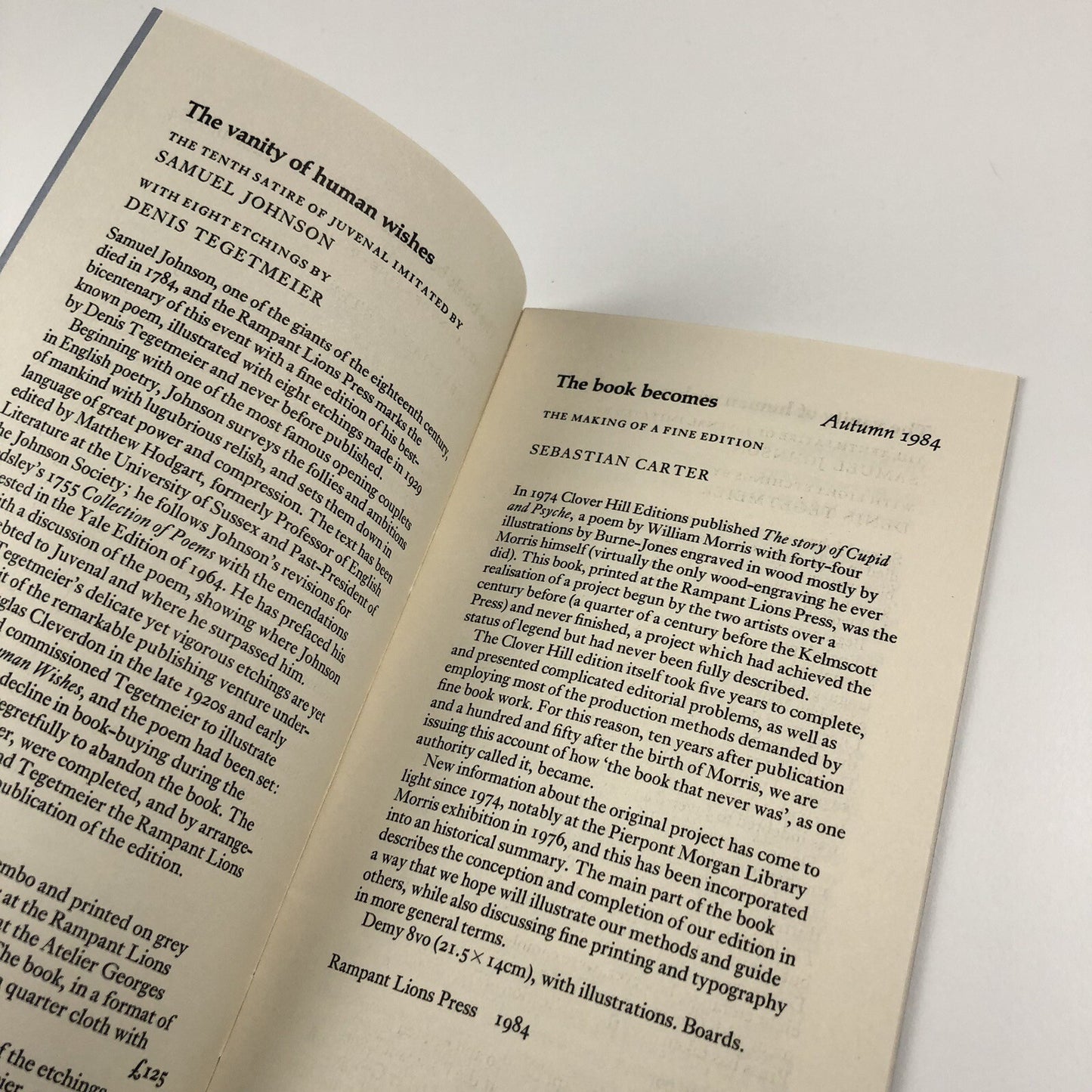 Rampant Lions Press Books designed and printed by Will and Sebastian Carter, 1984