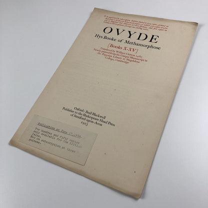 Prospectus – Ovyde Hys Booke of Methamorphose | William Caxton | Basil Blackwell 1923