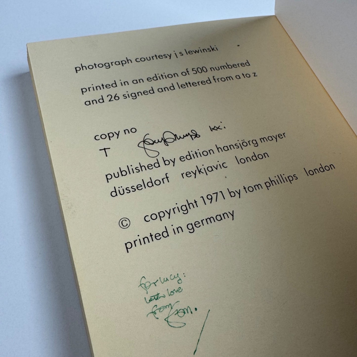 Trailer by Tom Phillips. From an edition of 500 signed and lettered edition Hansjorg Mayer