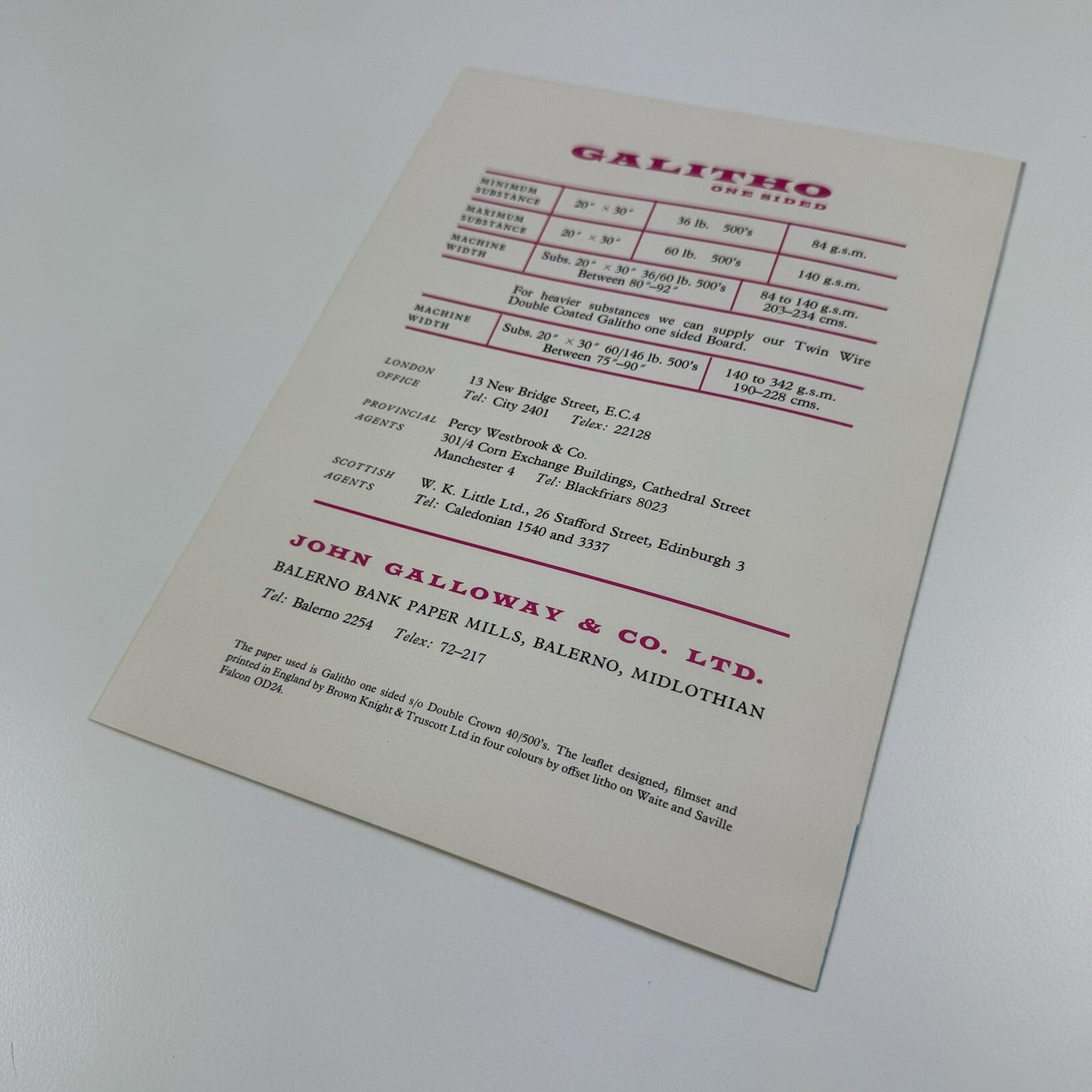 Promotional paper leaflet for Galitho | John Galloway & Co. Undated