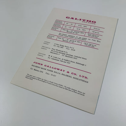 Promotional paper leaflet for Galitho | John Galloway & Co. Undated