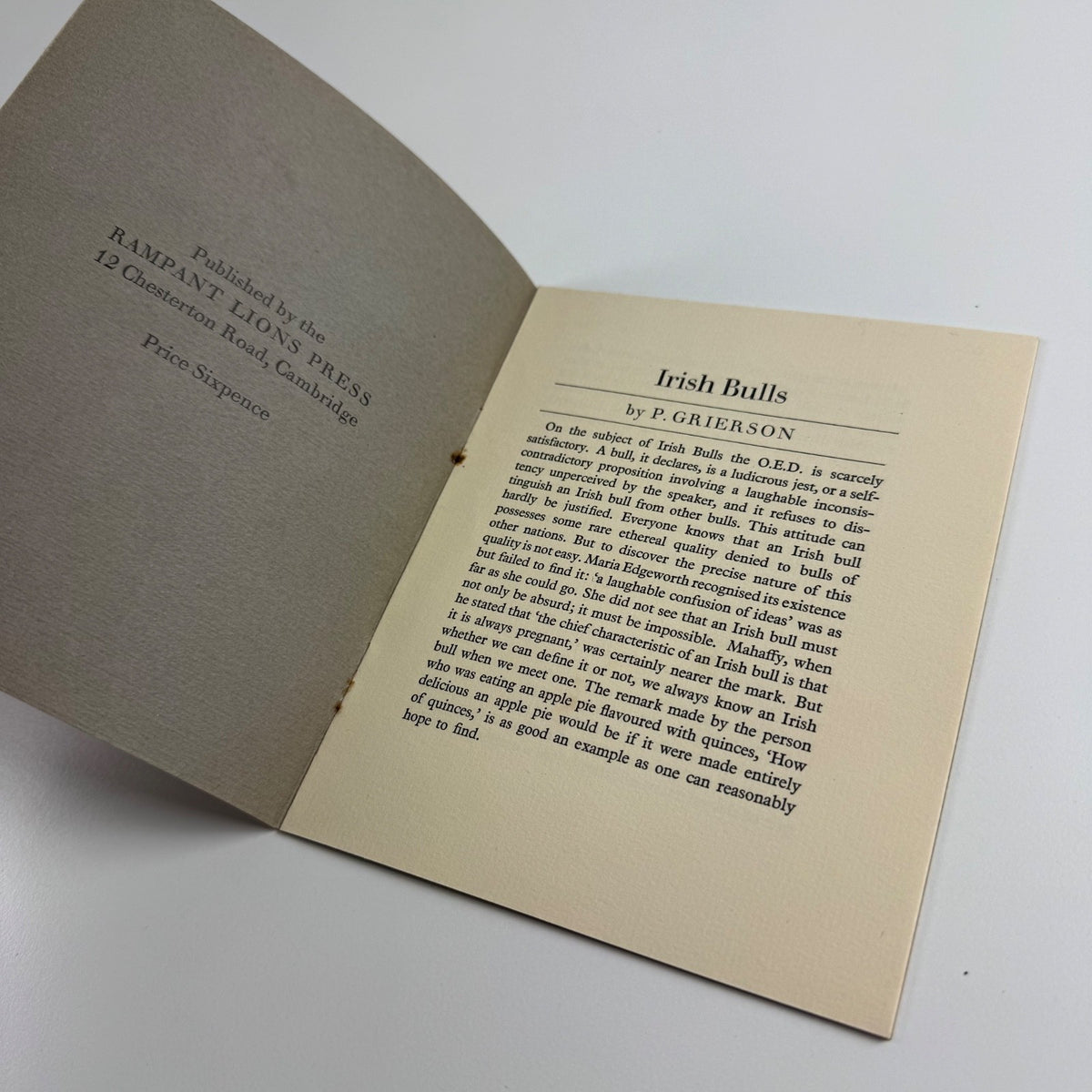 Booklet — Irish Bulls by P. Grierson | Rampant Lions Press, 1938