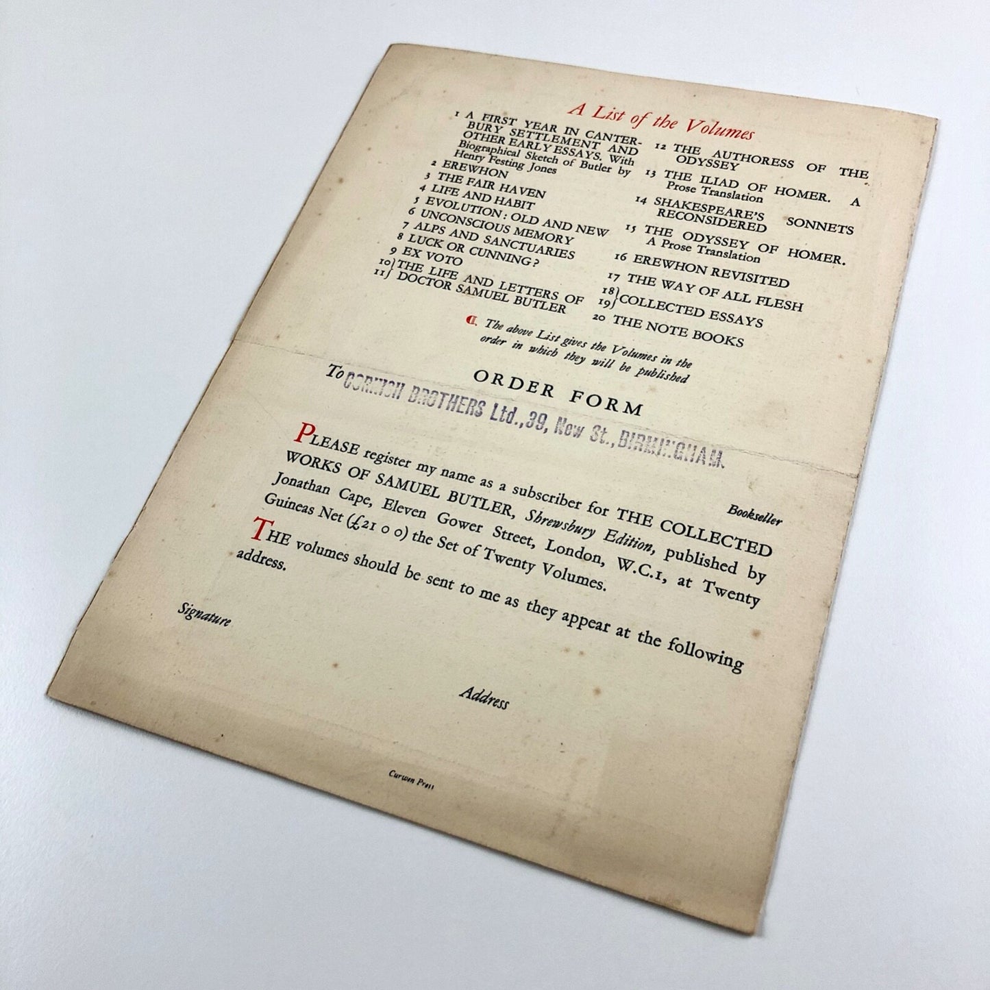 Prospectus – The Collected Works of Samuel Butler | Jonathan Cape, Shrewsbury Edition, 1923
