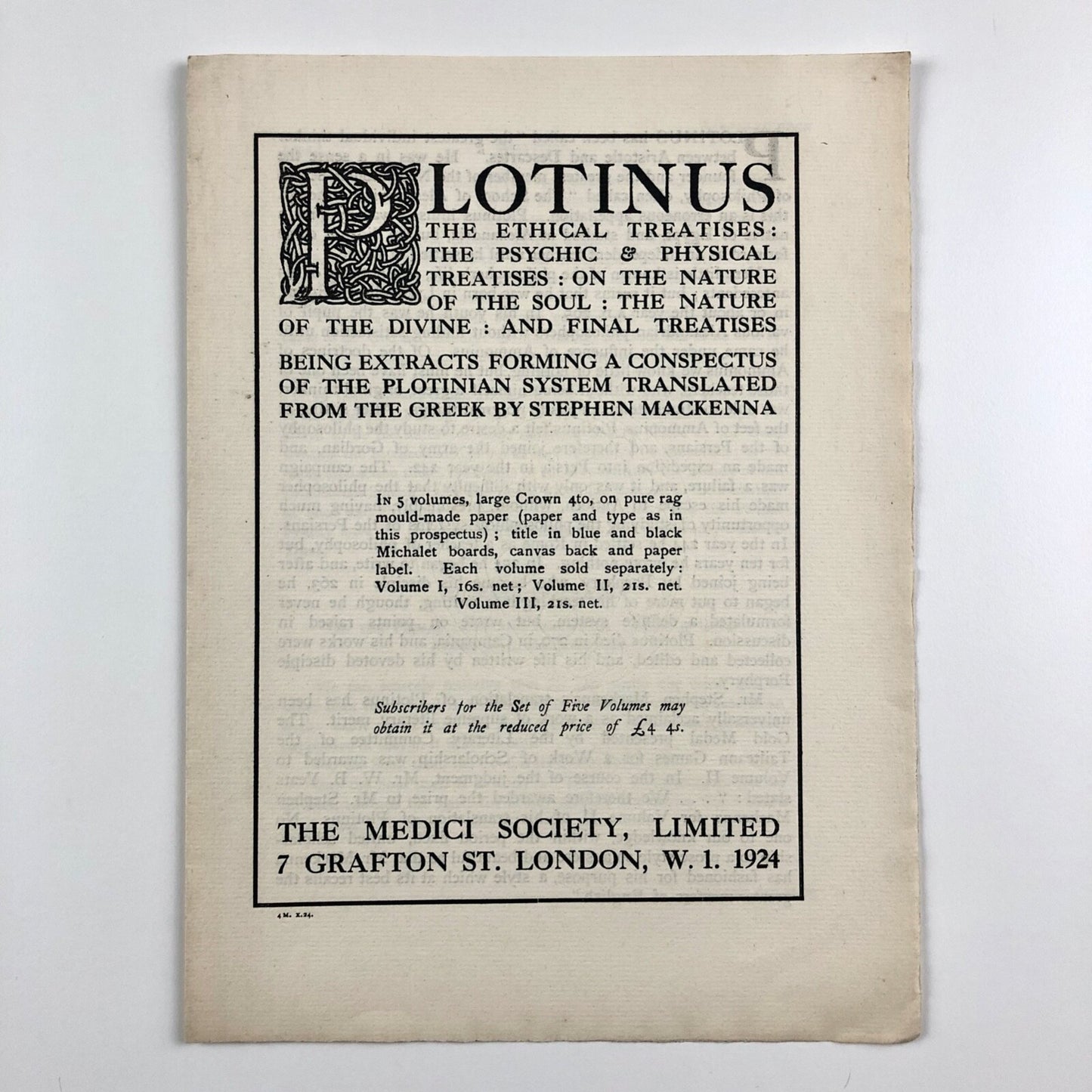 Prospectus for Plotinus trans Stephen Mackenna Medici Society 1924