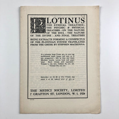 Prospectus for Plotinus trans Stephen Mackenna Medici Society 1924