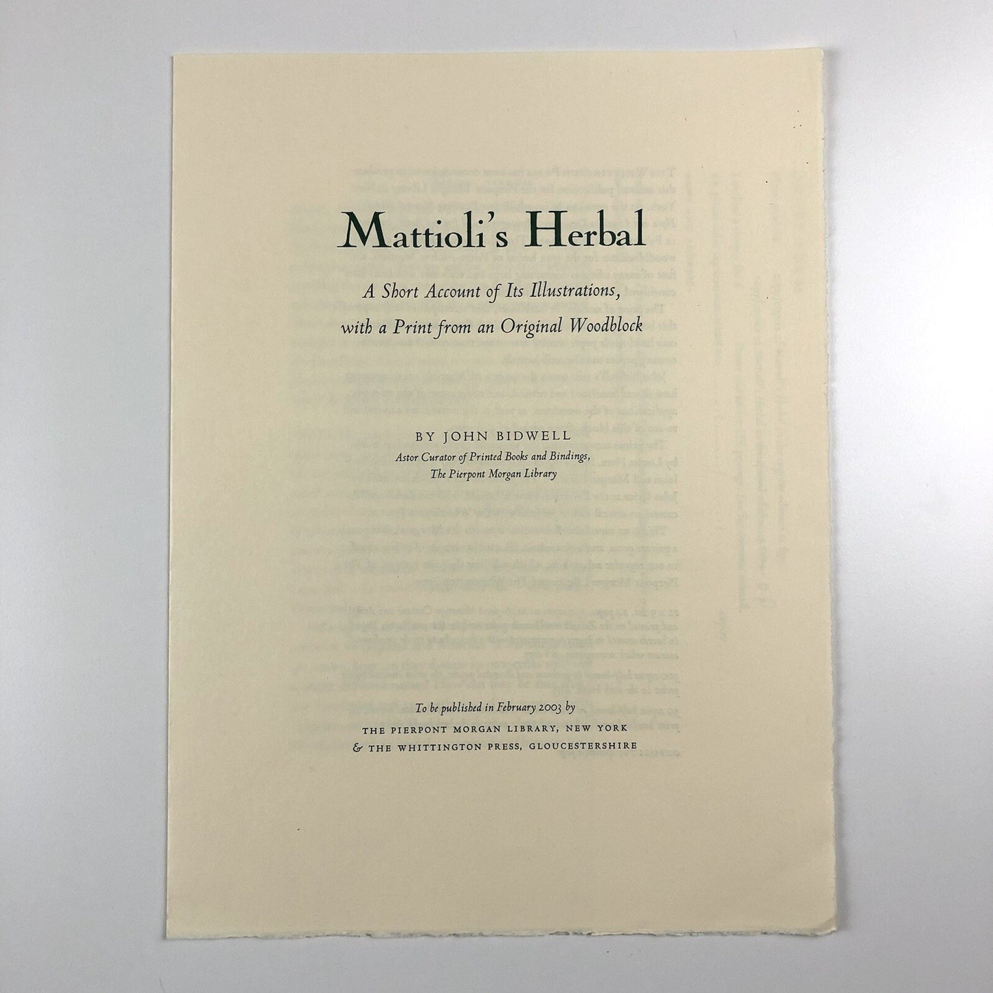 Prospectus for Mattioli's Herbal by John Bidwell | Whittington Press 2003
