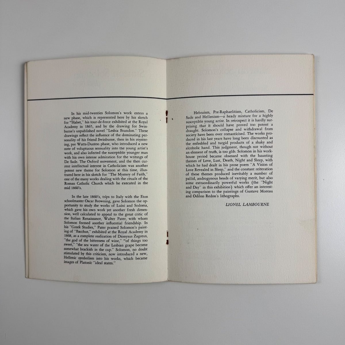 Paintings and drawings by Simeon Solomon | Durlacher Bros Madison Avenue, New York 1966 introduction by Lionel Lambourne