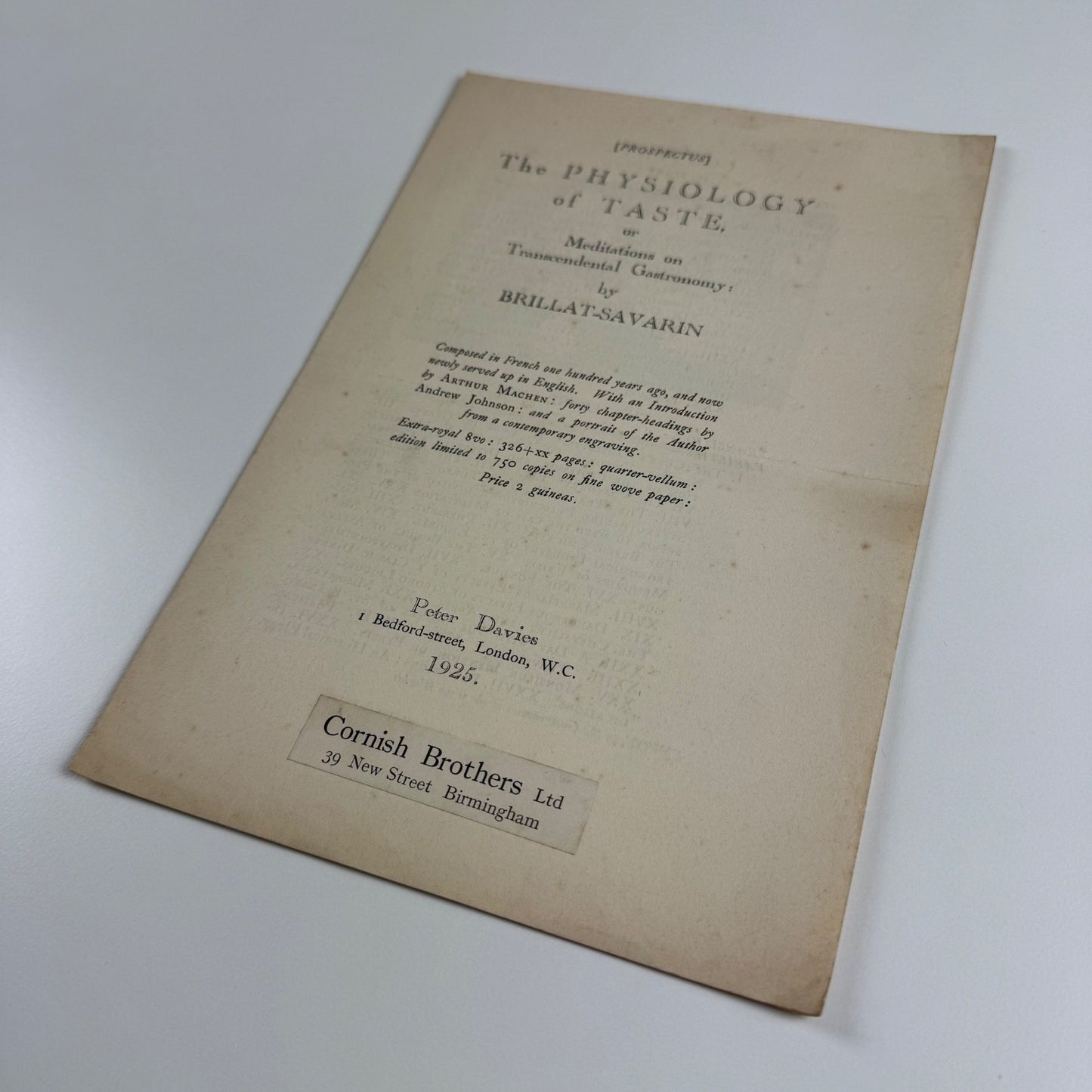 Prospectus for The Physiology of Taste by Brillat-Savarin | Peter Davies, 1925
