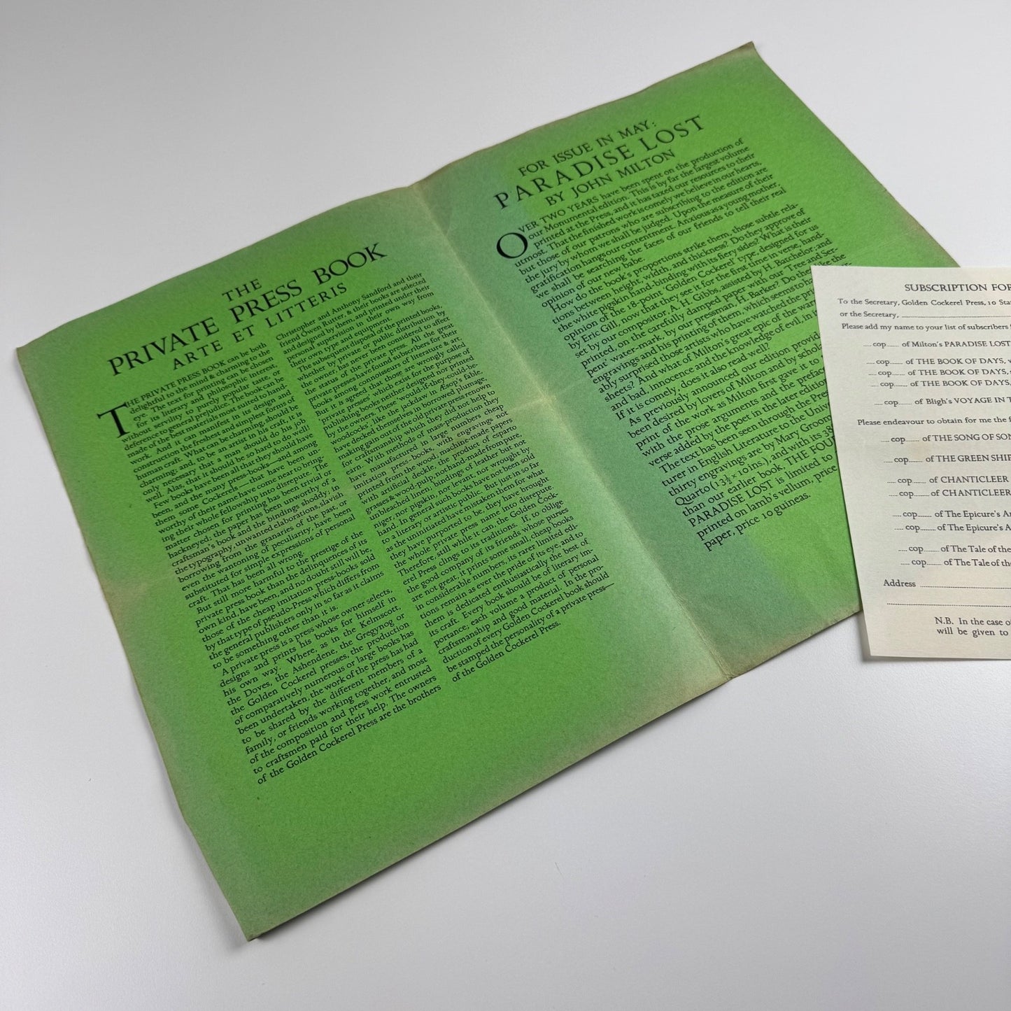 Folder The Golden Cockerel Press private press books spring list 1937 includes John Milton Paradise Lost