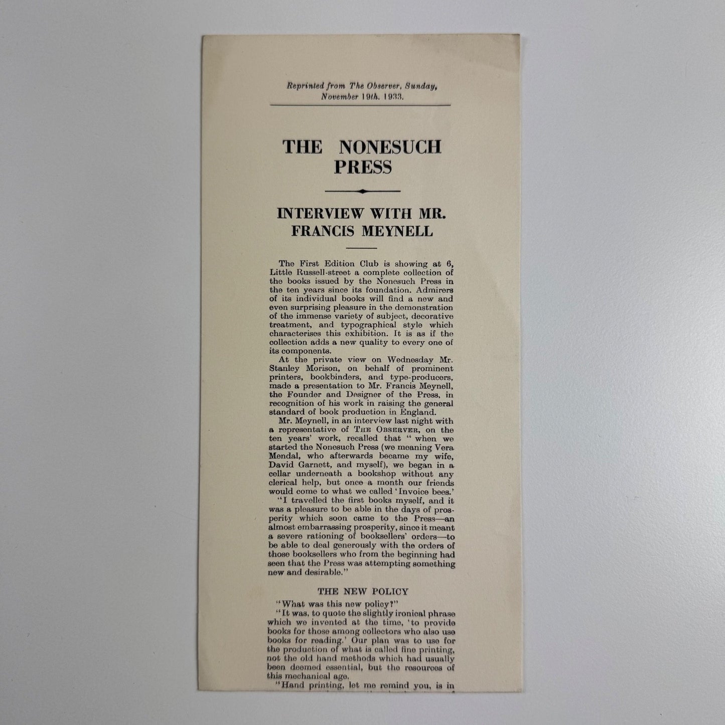 The Nonesuch Press interview with Mr Francis Meynell The Observer 1933