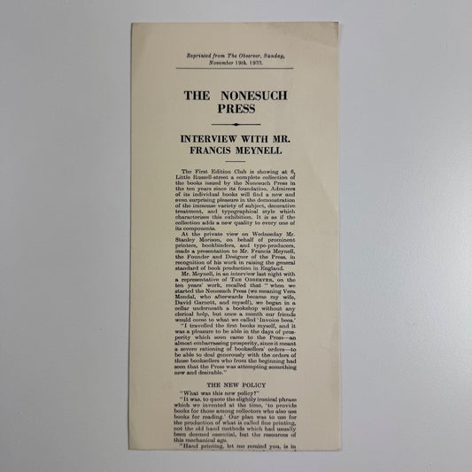 The Nonesuch Press interview with Mr Francis Meynell The Observer 1933