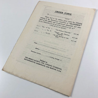 Prospectus for Plotinus trans Stephen Mackenna Medici Society 1924