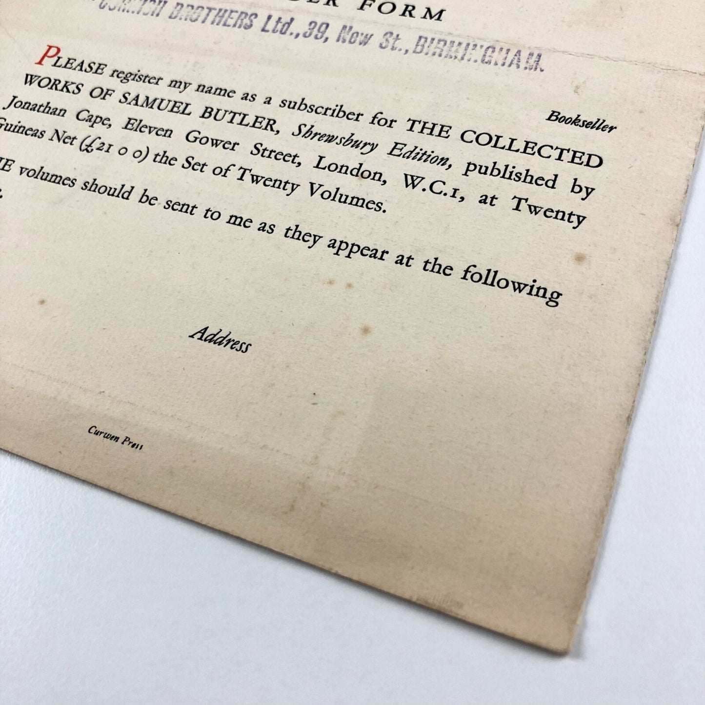 Prospectus – The Collected Works of Samuel Butler | Jonathan Cape, Shrewsbury Edition, 1923