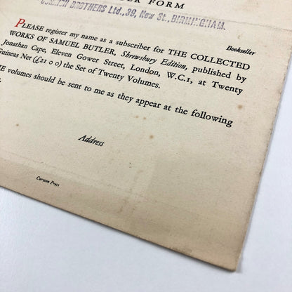 Prospectus – The Collected Works of Samuel Butler | Jonathan Cape, Shrewsbury Edition, 1923