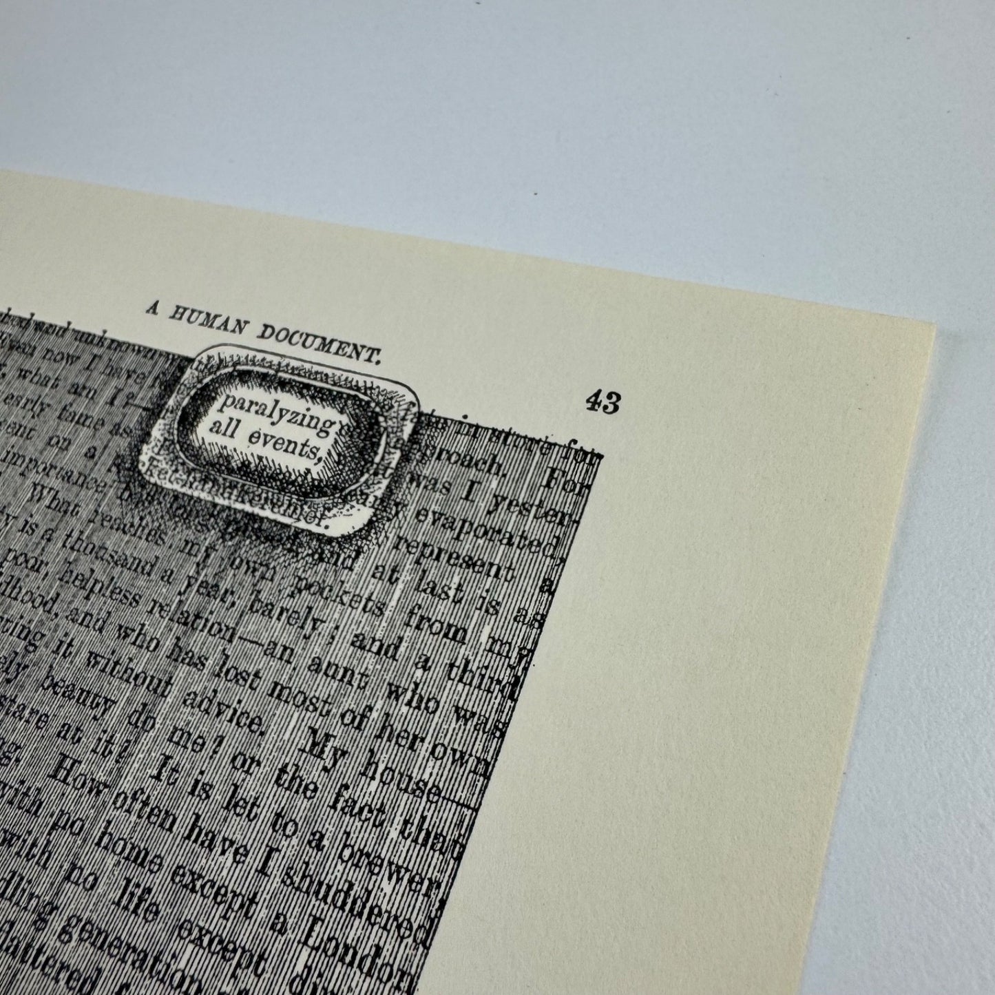 A Humument page 43 'paralyzing all events,' by Tom Phillips | The Tetrad Press, 1970