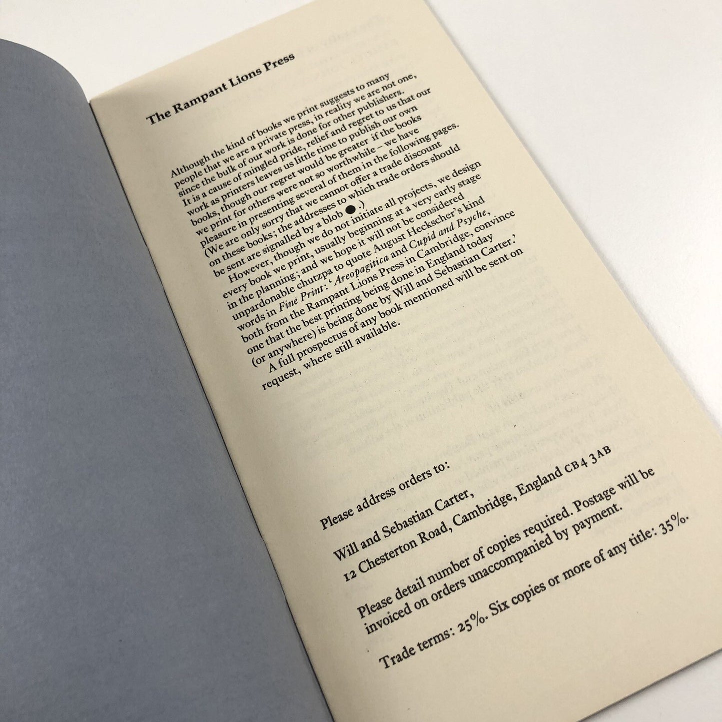 Rampant Lions Press Books designed and printed by Will and Sebastian Carter, 1984