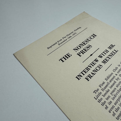The Nonesuch Press interview with Mr Francis Meynell The Observer 1933