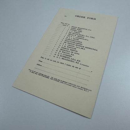 Order form for H. Rushbury, Masters of Etching series. The Studio. Undated 1920s