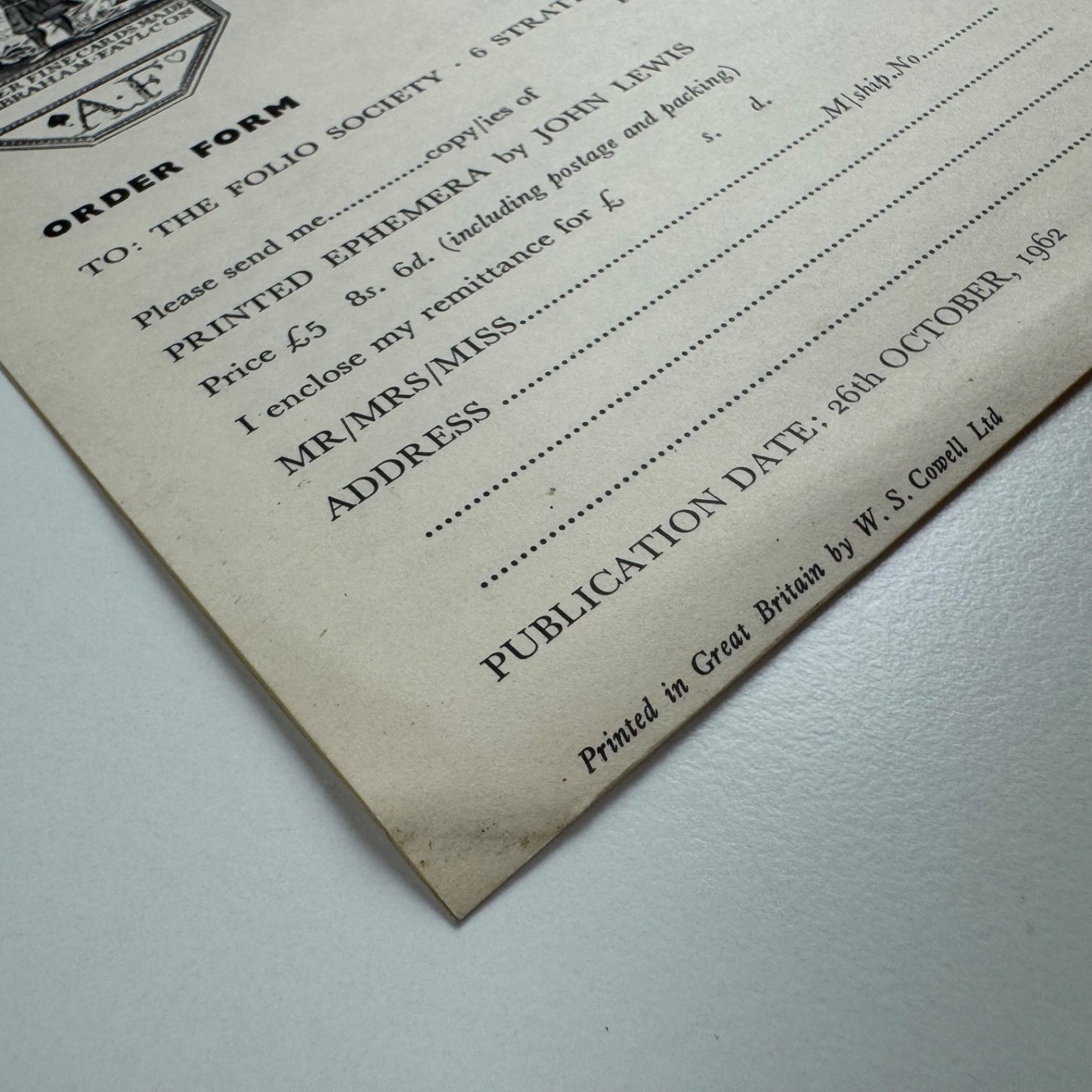 Promotional leaflet/order form for Printed Ephemera by John Lewis W.S. Cowell