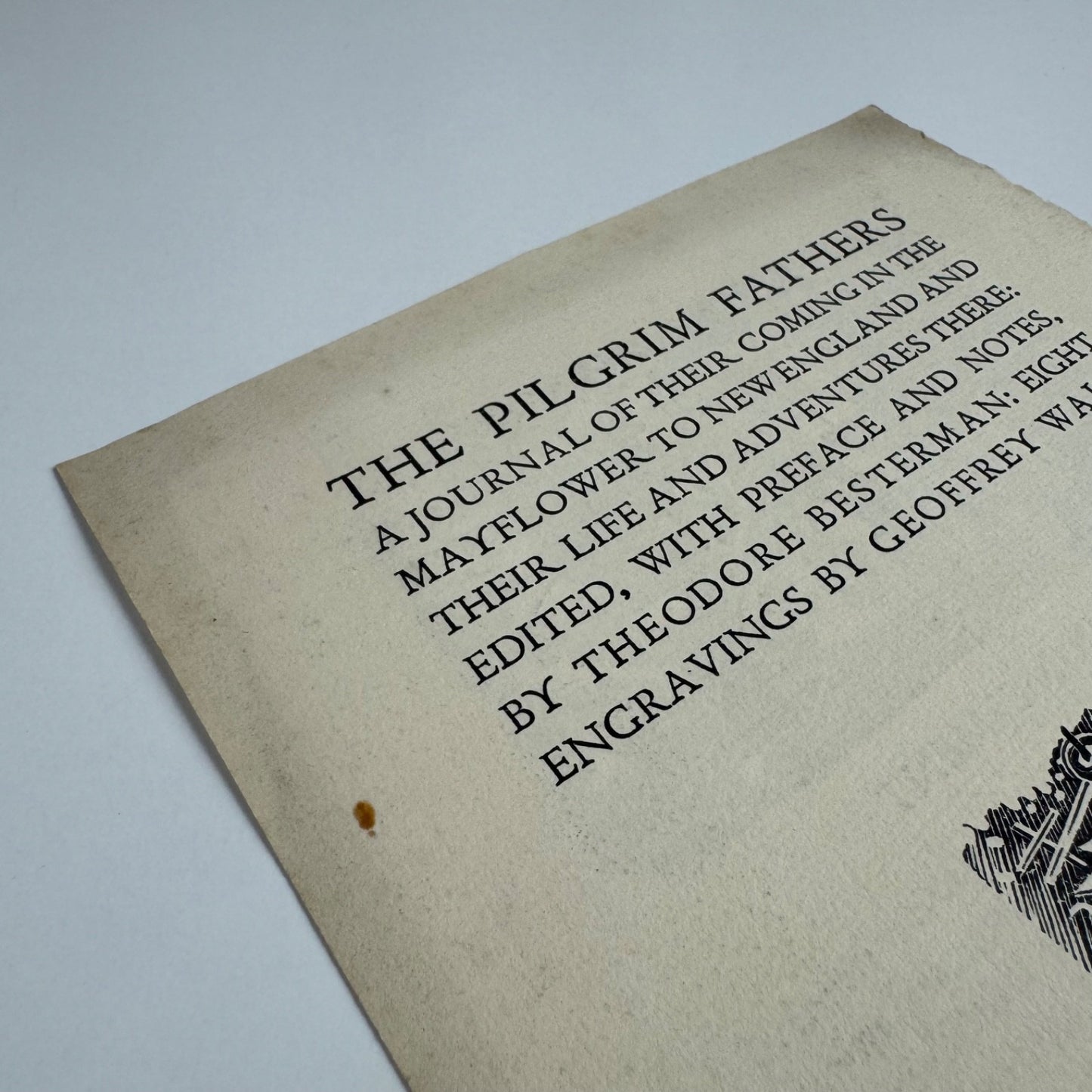 Prospectus The Pilgrim Fathers by Theodore Besterman Golden Cockerel Press 1939 engravings by Geoffrey Wales
