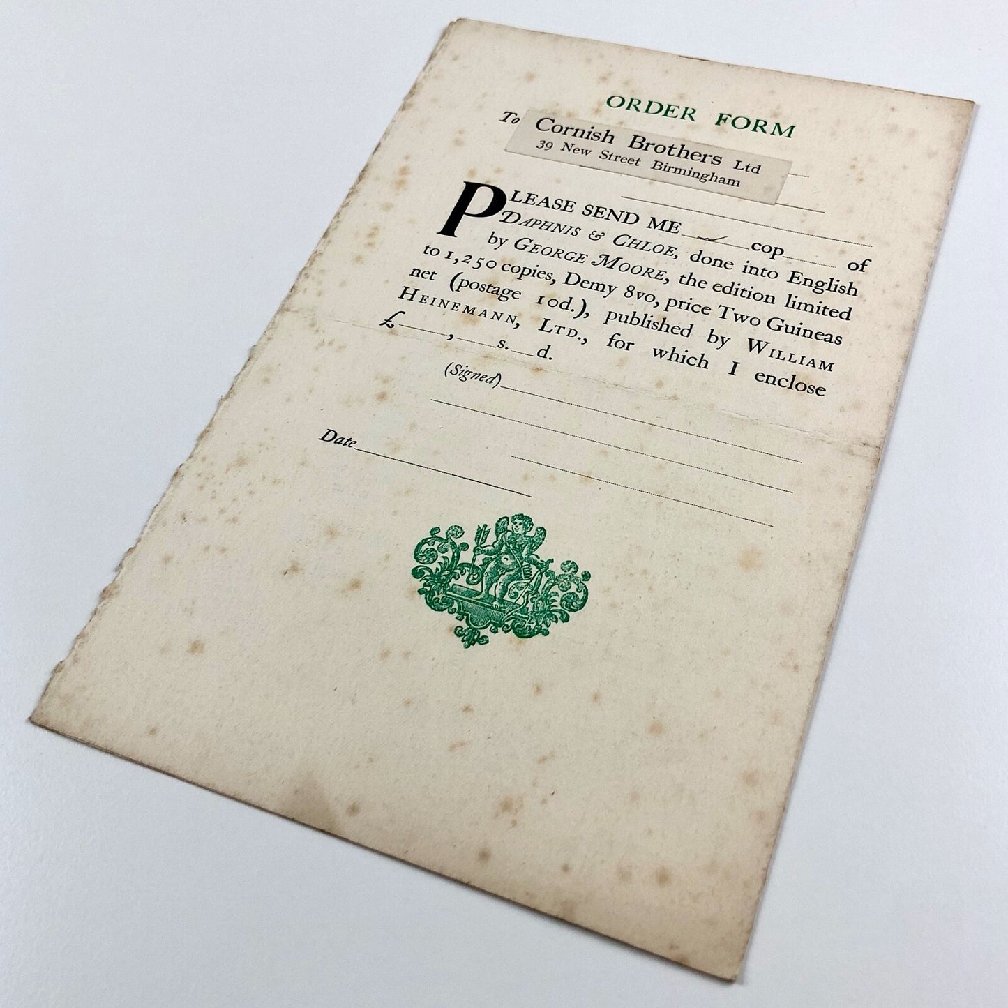 Prospectus – The Pastoral Loves of Daphnis & Chloe | Translation George Moore | William Heinemann | Undated, presumed to be c.1924