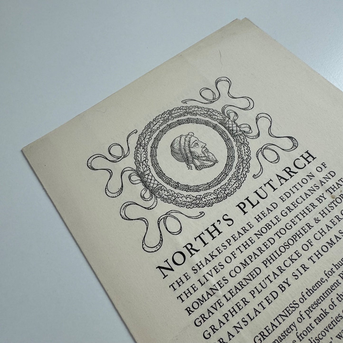 Specimen page for North’s Plutarch | Shakespeare Head Press | Stamp for Henry Young &amp; Songs Ltd booksellers Liverpool
