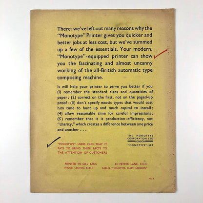 Monotype advertisement 'Buyers of Printing' | Promotional leaflet | May 1931 in Gill Sans