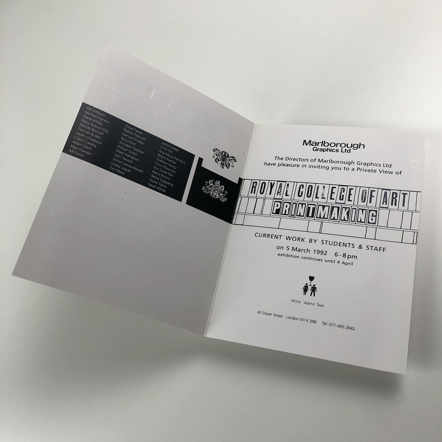 Private view invite – Royal College of Art Printmaking | Marlborough Graphics Ltd exhibition: student and staff works, 1992