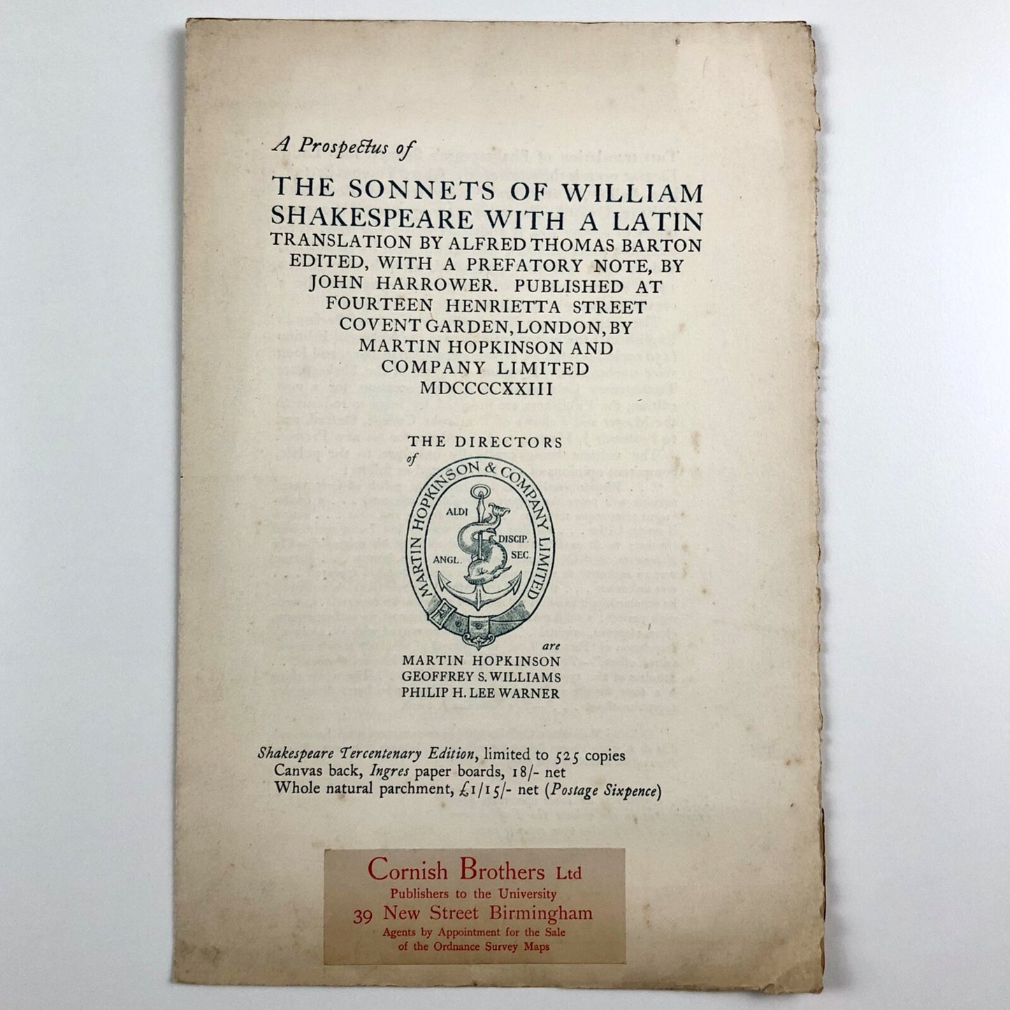 Prospectus for The Sonnets of William Shakespeare | John Harrower | Martin Hopkinson and Company, 1923