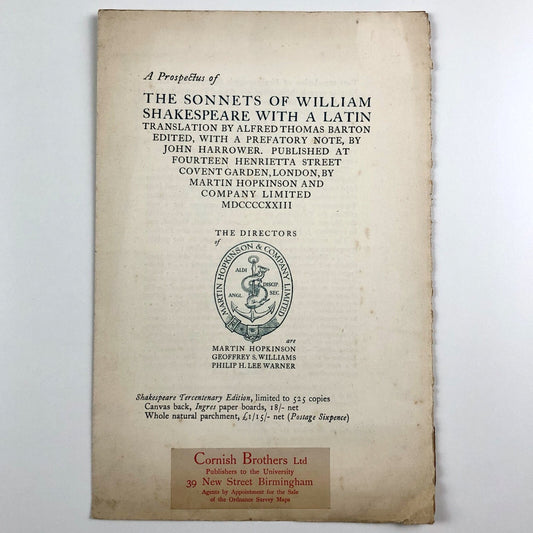 Prospectus for The Sonnets of William Shakespeare | John Harrower | Martin Hopkinson and Company, 1923