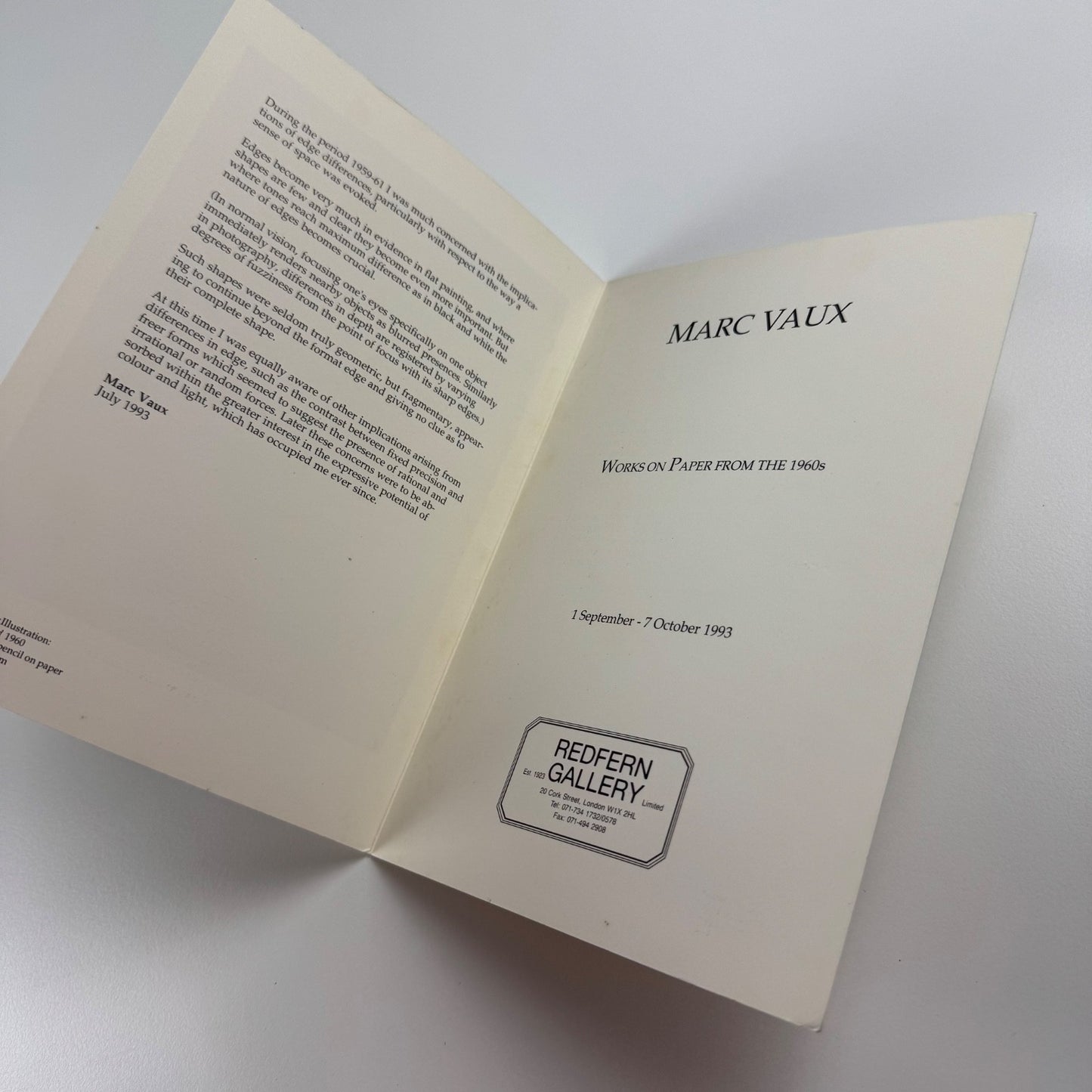 Promotional card Marc Vaux Works on paper from the 1960s Redfern Gallery 1993
