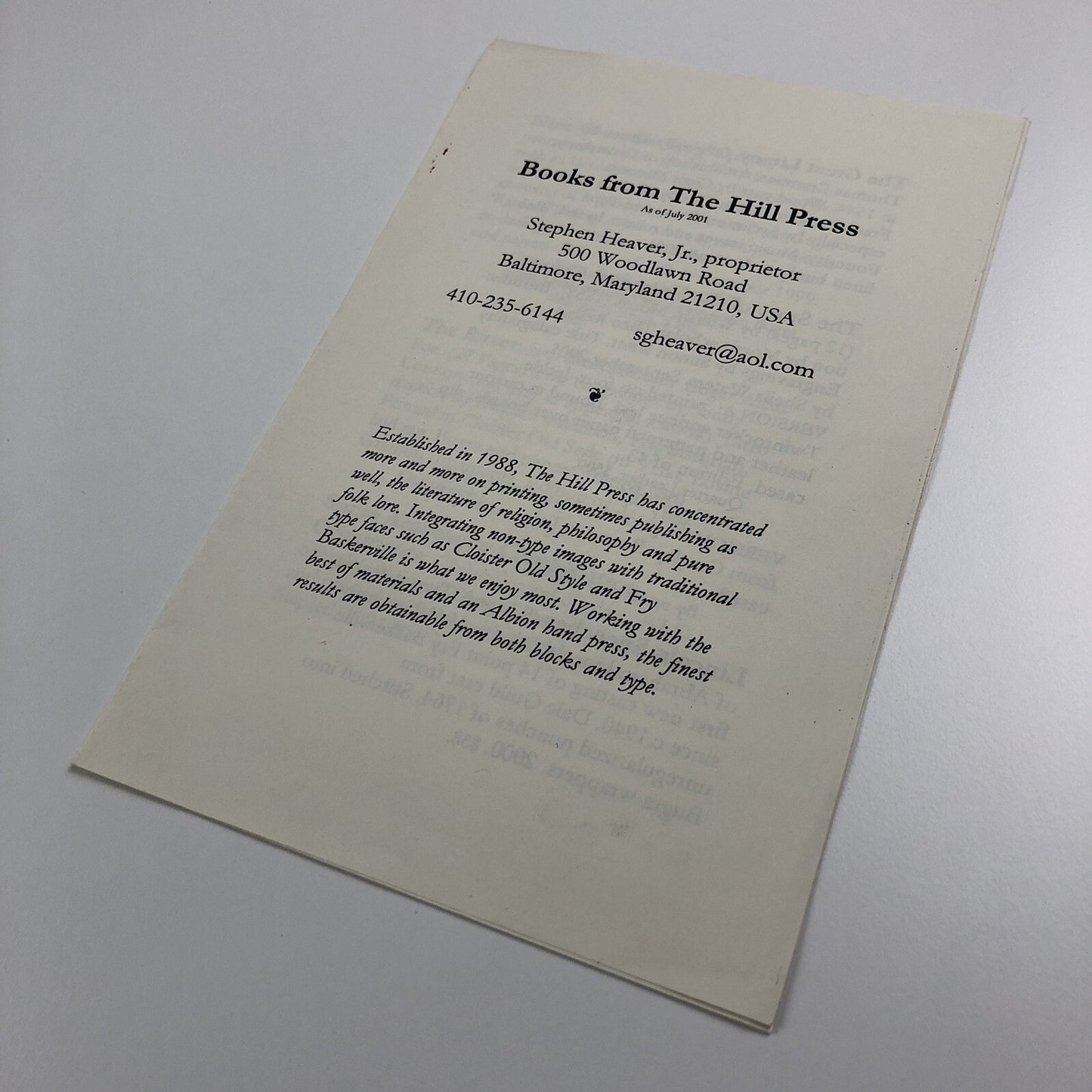 Books from The Hill Press, Baltimore as of July 2001 | Stephen Heaver