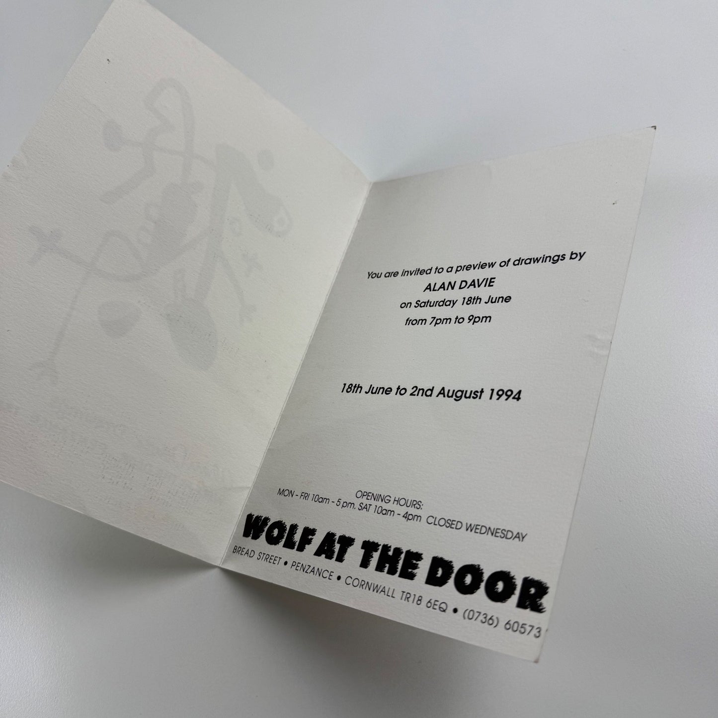 Private view invite Alan Davie Drawings Wolf at the Door Penzance 1994