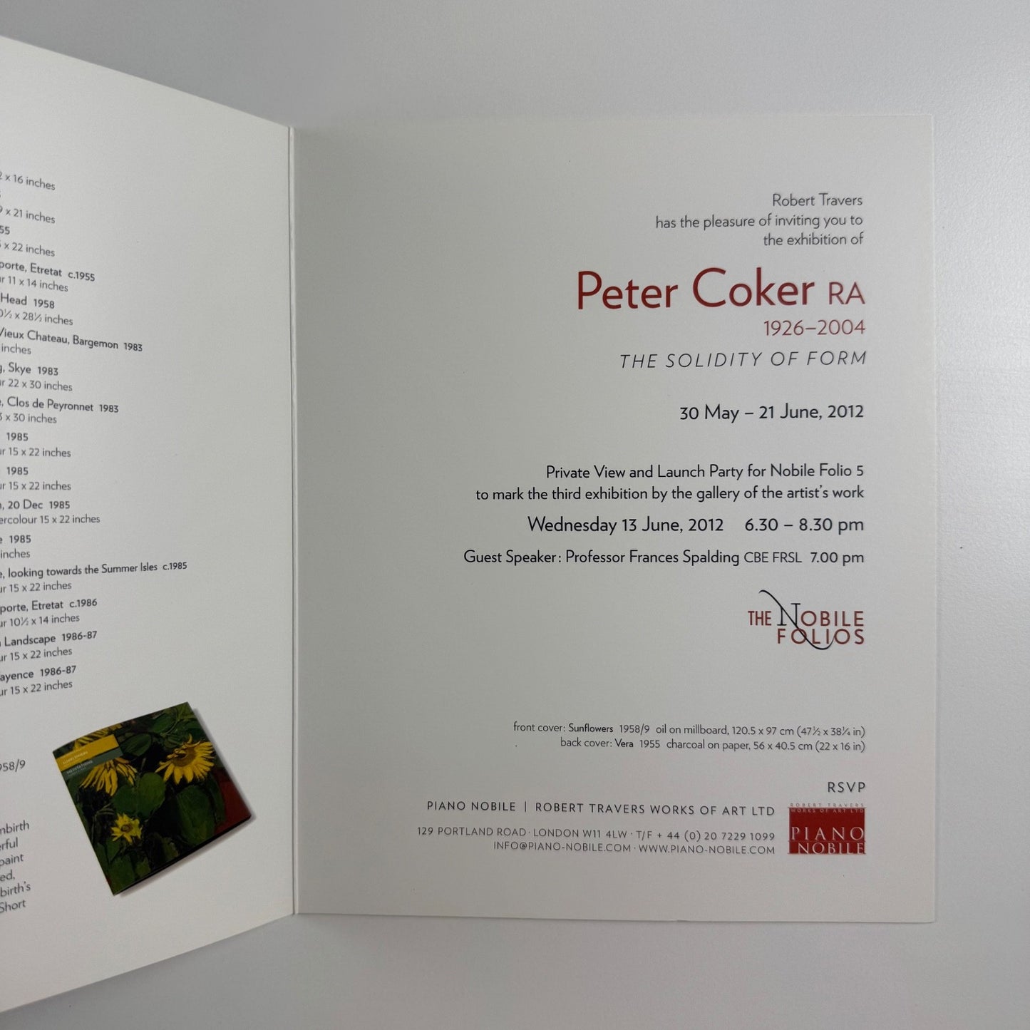 Private view invite for Peter Coker Solidaity of Form |Piano Nobile | Robert Travers, 2012