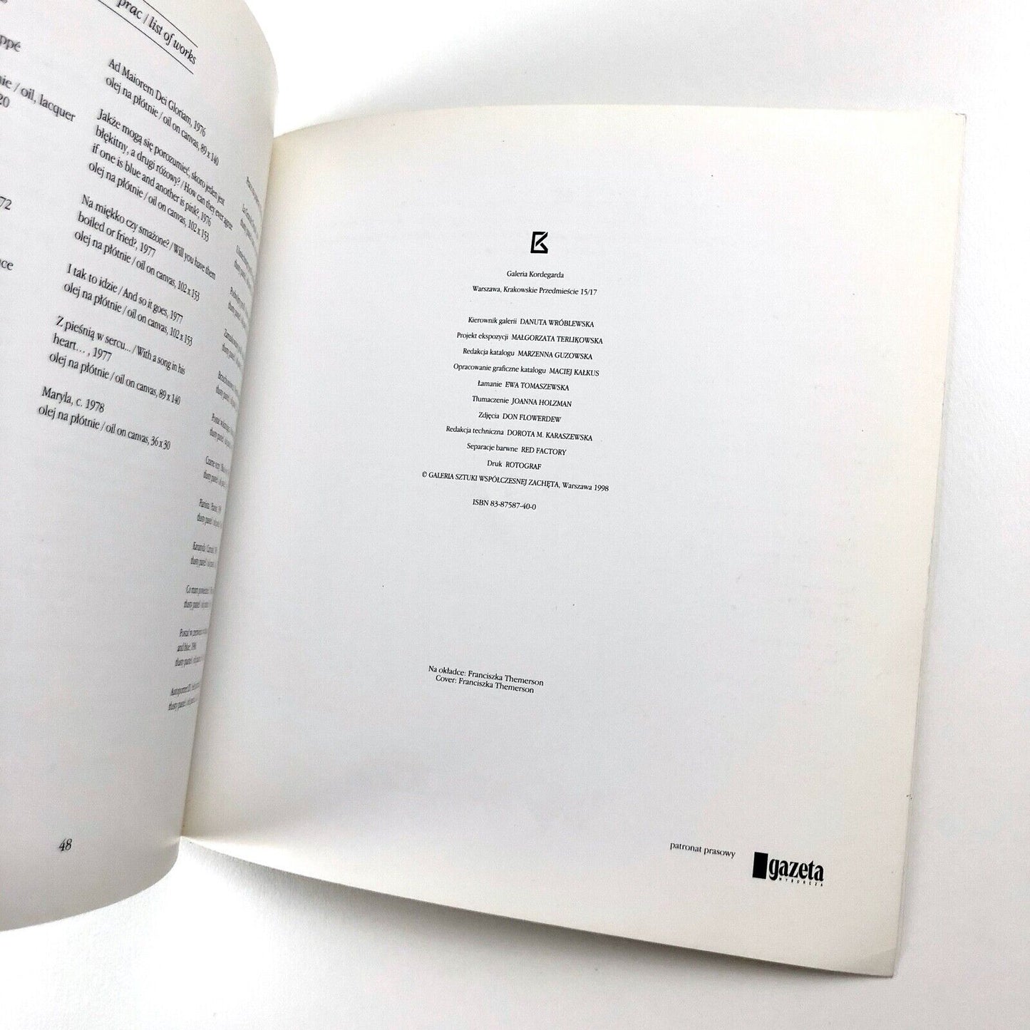 Franciszka Themerson White Paintings exhibition catalogue | Galerie Kordegarda Warsaw 1998