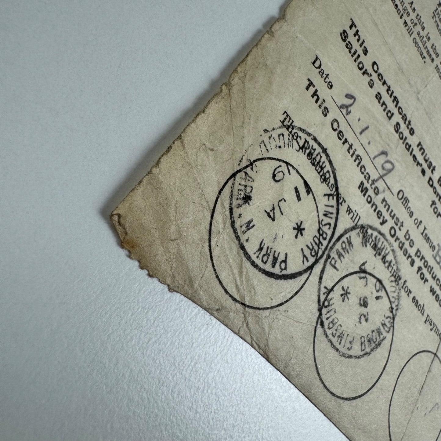 Identity certificate for Alfred Norton Hillman balloon hand 32 B.S. B.E.F. British Expeditionary Force in France. Dated 2 January 1919