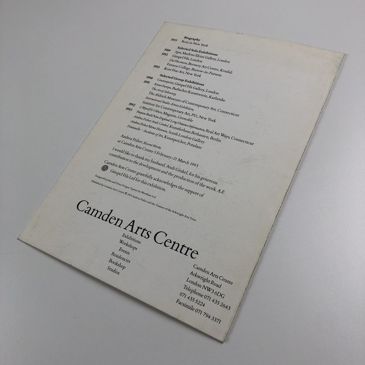 Andrea Fisher: Recent Works | Folded card | Camden Arts Centre, 1993