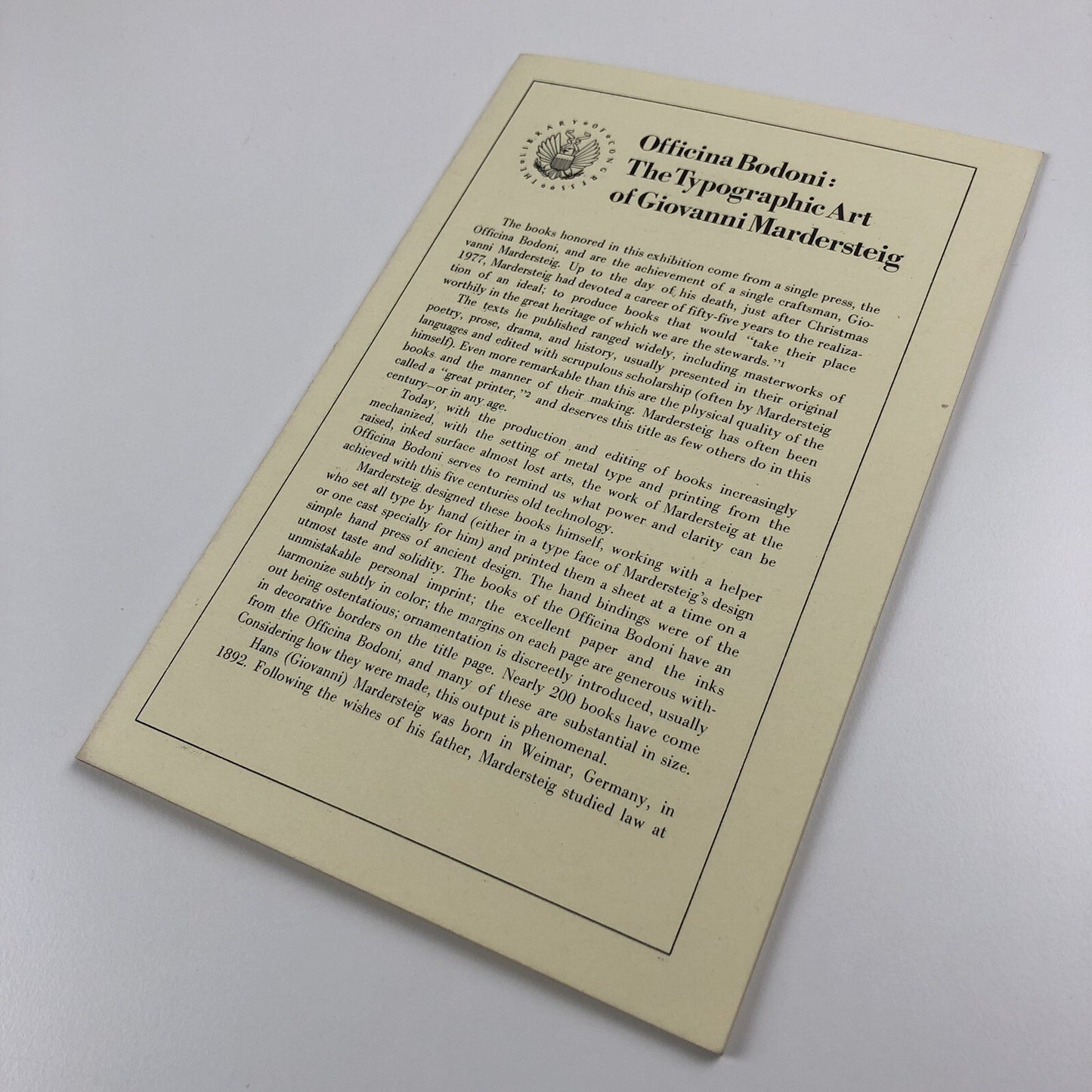 Officina Bodoni: The Typographic Art of Giovanni Mardersteig Library of Congress