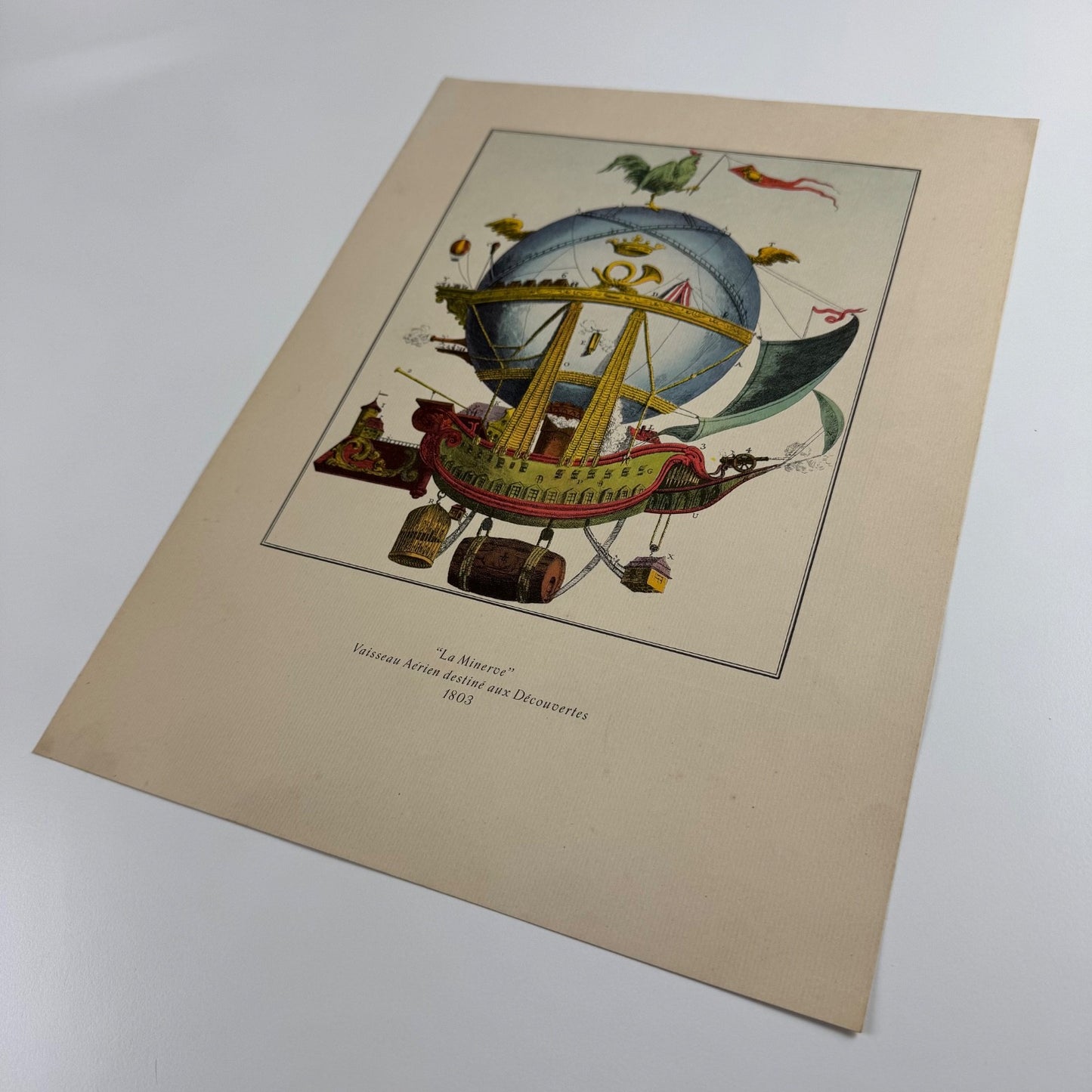 Coloured print of La Minerve Vaisseau Aérien destiné aux Découvertes 1803, Aerial Press 1956
