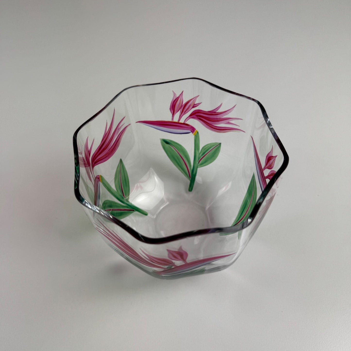 Glass bowl by Orrefors | Swedish, Birds of Paradise flower motif by Eva Englund, believed to be 1980s