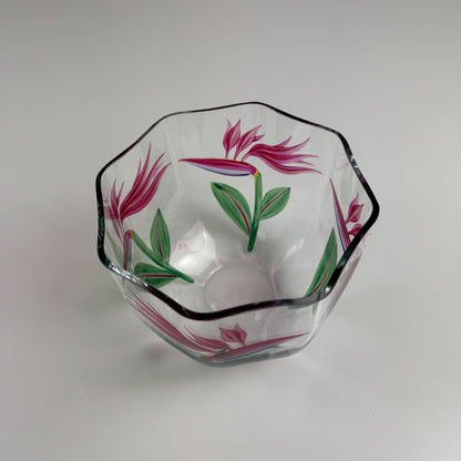 Glass bowl by Orrefors | Swedish, Birds of Paradise flower motif by Eva Englund, believed to be 1980s