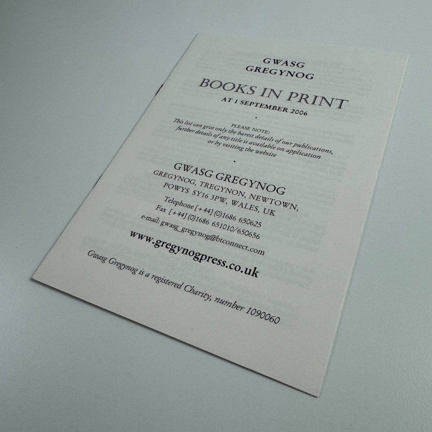 Leaflet Gwasg Gregynog | Books in Print at 1 September 2006