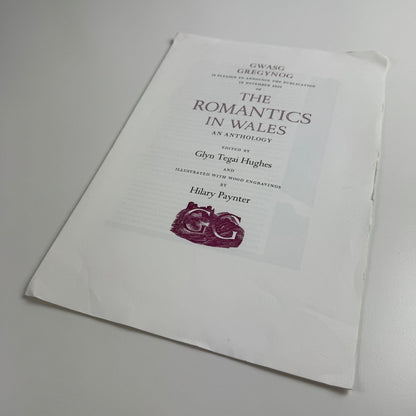 Prospectus for The Romantics in Wales edited by Glyn Tegai Hughes, wood engravings by Hilary Paynter Gregynog 2009