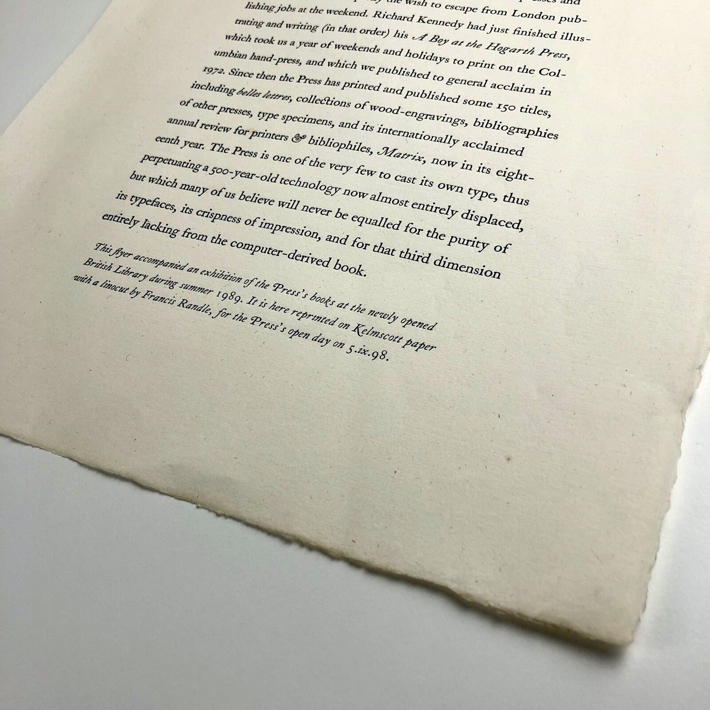 Flyer for the exhibition of The Whittington Press’s books | British Library 1989