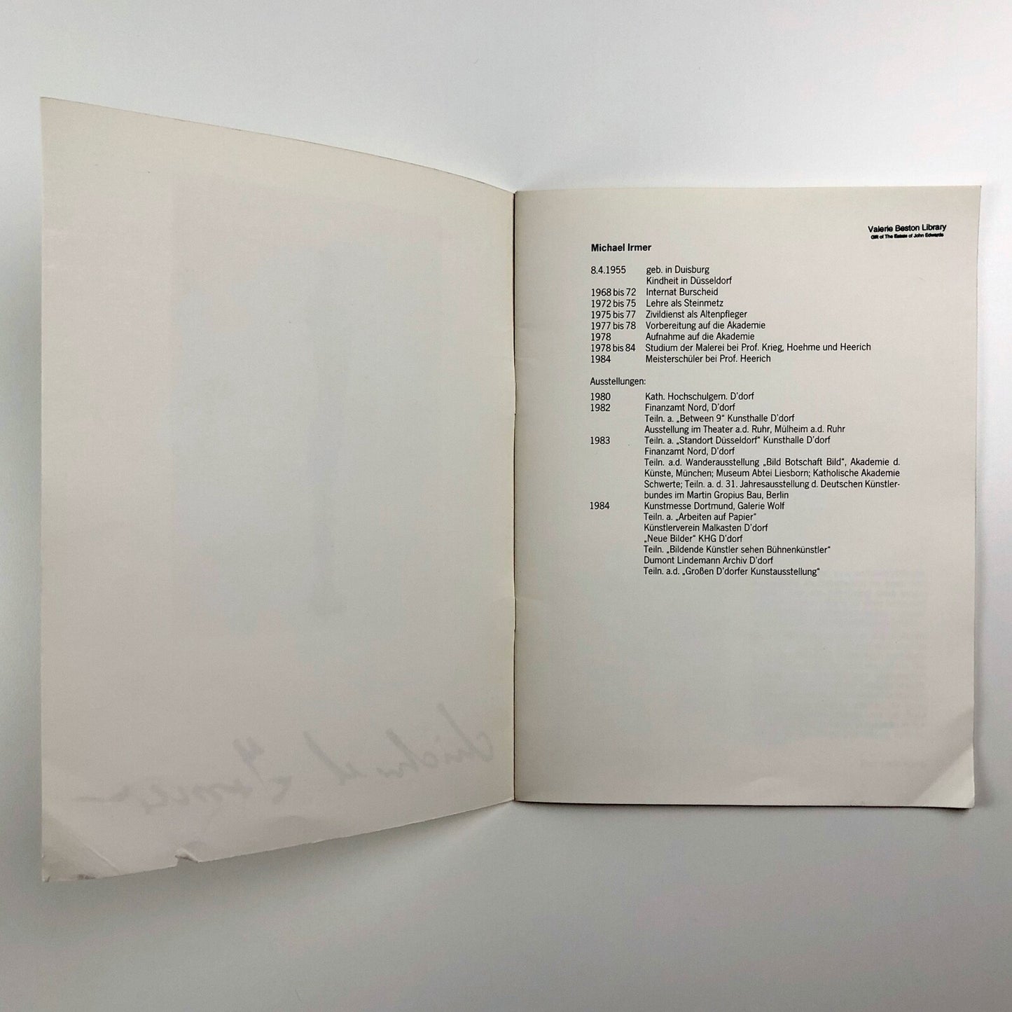 Michael Irmer – Kulturamt der Stadt Dusseldorf | Exhibition catalogue, 1985