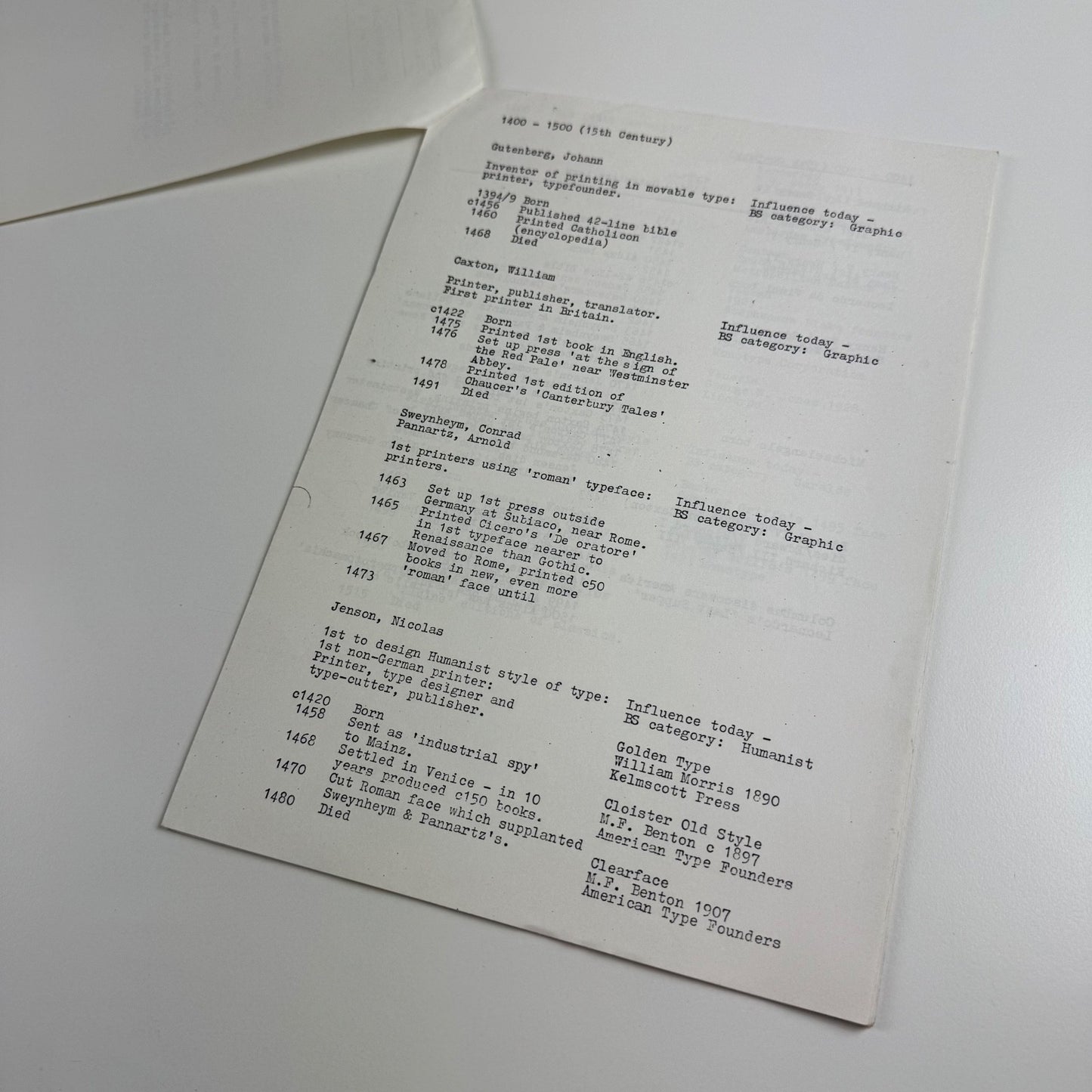 Information sheets from Croydon College School of Art & Design. Graphic Design Area. Area Director Herman Hecht Summer term 1981