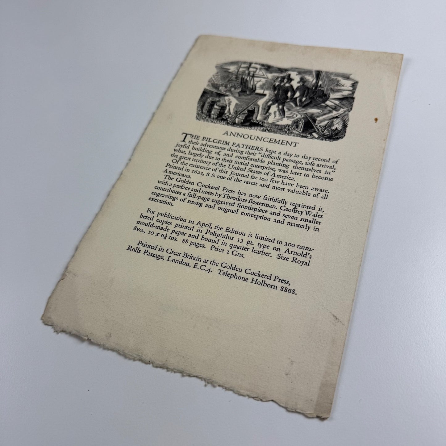 Prospectus The Pilgrim Fathers by Theodore Besterman Golden Cockerel Press 1939 engravings by Geoffrey Wales