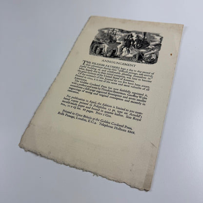 Prospectus The Pilgrim Fathers by Theodore Besterman Golden Cockerel Press 1939 engravings by Geoffrey Wales