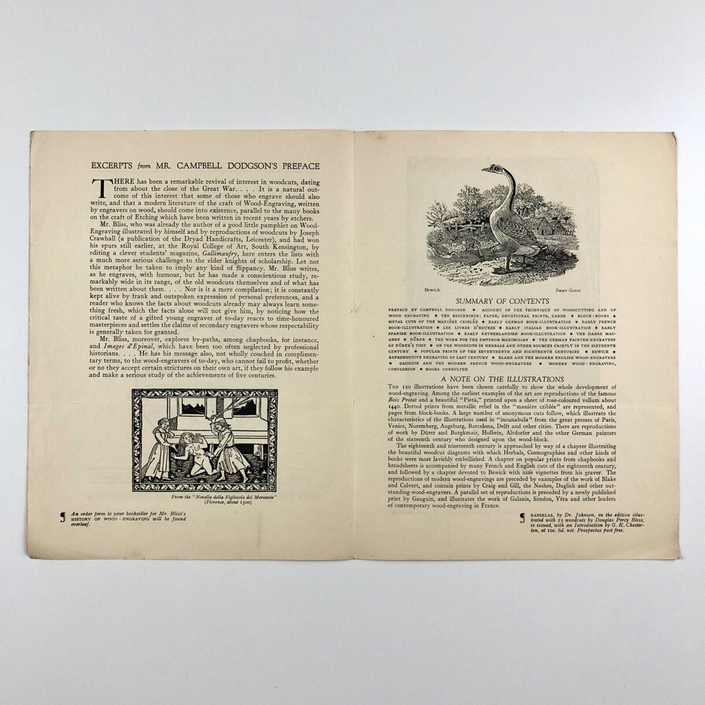 Prospectus for A History of Wood-Engraving by Douglas Percy Bliss | J.M. Dent & Sons Ltd, c .1928? | Cornish Brothers booksellers stamp